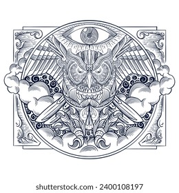 owl illustration with hand drawn line ornaments and symbols, white background