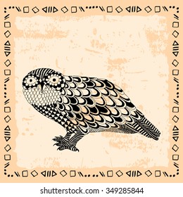 Owl illustration. Original drawing of owl with frame.