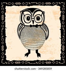 Owl illustration. Original drawing of owl with frame.