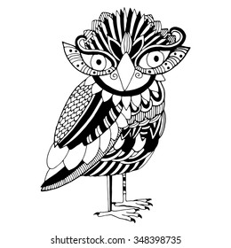 Owl illustration. Original drawing of owl on simple white background