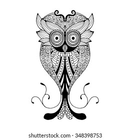 Owl illustration. Original drawing of owl on simple white background