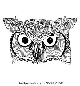 Owl illustration. Original drawing of owl on simple white background