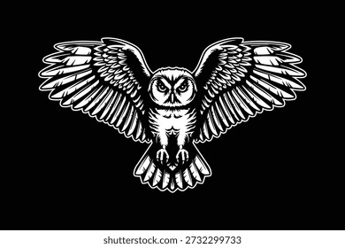 Owl Illustration with Spread Wings, Night Predator Bird, Black and White Wildlife Art