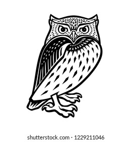 Owl illustration in tribal style. Ethnic patterned illustration for antistress coloring book, tattoo, poster, print, t-shirt. Vector.