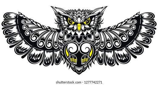 Owl illustration in tribal style. For poster, print, card, banner.