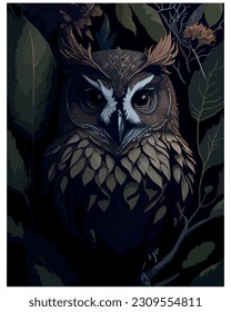 owl illustration vector image with leaves