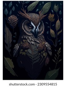 owl illustration vector image with leaves