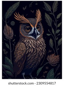 owl illustration vector image with leaves