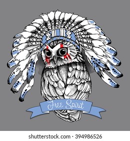 Owl in a Indian Feather Headdress. Vector illustration.