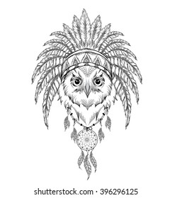Owl in the Indian roach. Indian feather headdress of eagle. Hand draw vector  illustration