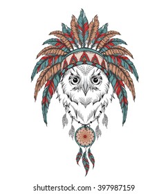 Owl in the Indian roach. Indian feather headdress of eagle. Hand draw vector  illustration