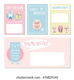 Owl invitation cards. Baby shower for baby boy and girl. Vector illustration.