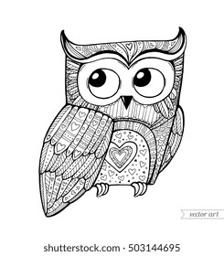 Owl isolated. Cute boho pattern bird. Vector. Black, white. Coloring book page for adult. Zentangle forest animal. Hand drawn artwork. Illustration for gift greeting card, ticket, branding, logo label