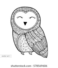 Owl isolated. Cute boho pattern bird. Vector. Black, white. Coloring book page for adult. Zentangle forest animal. Hand drawn artwork. Illustration for gift greeting card, ticket, branding, logo label