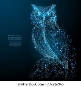 Owl isolated from low poly wireframe on dark background. Wild bird of prey. Vector polygonal image in the form of a starry sky or space, consisting of points, lines, and shapes in the form of stars