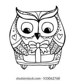 Owl isolated. Merry Christmas. Cute boho, bohemia bird holding gift box. Vector illustration, line artwork. Black and white. Coloring book page for adult. Hand drawn, gift card