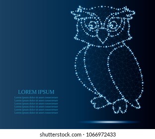 Owl isolated on blue background. Wild bird of prey. Polygonal low poly design. Wireframe polygon concept. Abstract vector illustration with polygon, line, connecting dots (points).