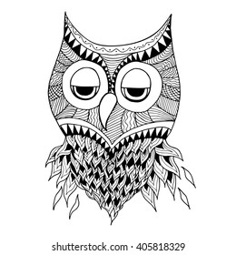 Owl isolated on white background in zentangle style. Silhouette of bird for logo or print.Hand drawn owl for adult anti stress coloring page with high details. Vector monochrome sketch.