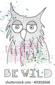 Owl isolated on white background in sketch style with colorful blot. Silhouette of bird for logo or print.
