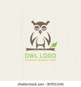 Owl isolated vector line art logo template for company, owl sitting on a branch with leaves abstract identity logo
