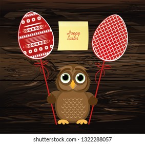 Owl keep Easter decorated egg on a stick.  Empty Yellow sheet of paper for notes. Sticker. Vector on wooden background. Greeting card for the holiday. Empty space for text.