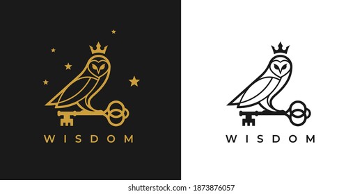 Owl With Key And Crown Logo Icon. Concept Wisdom Symbol. Knowledge Sign. Vector Illustration.