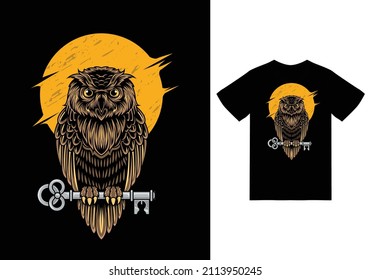 Owl and key illustration with tshirt design premium vector the Concept of Isolated Technology. Flat Cartoon Style Suitable for Landing Web Pages, Banners, Flyers, Stickers, Cards