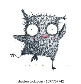 Owl Kids Character Cute Dancing Showing Running. Hand drawn in pencil doodle style, sketchy owl bird design for kids.