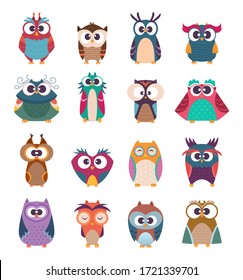 Owl kids. Cute baby birds in various poses vector colored funny wild animals cartoon collection