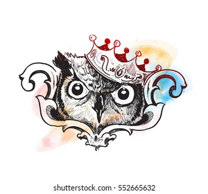 Owl King logo design template, Hand Drawn Sketch Vector illustration. 