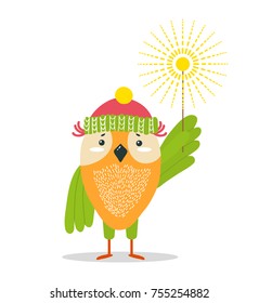 Owl in knitted winter hat with bright sparkler on long stick isolated vector illustration on white background. Funny animal celebrates Christmas.