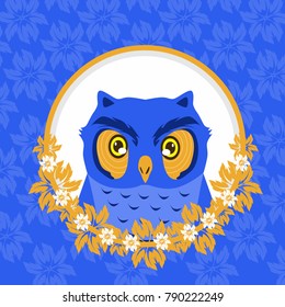 Owl Labels. Retro Vector Design Graphic Element, Emblem, Logo, Sign, Identity, Logotype, Poster. Blue Emblem Of An Owl