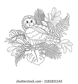 Owl in large leaves. Anti-stress coloring book for adults and children. Black and white illustration.