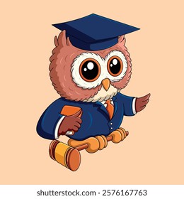 owl lawyer with robe and gavel in cartoon style illustration