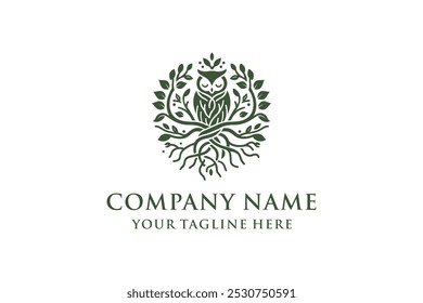 Owl and Leaf Branch Logo Design Template.