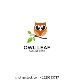 owl with leaf logo template. natural cute owl logo for bussiness