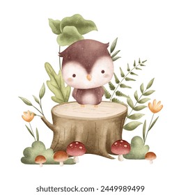 Owl with Leaves and Flowers at Forest Illustration