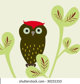 owl and leaves illustration