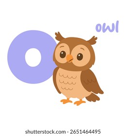Owl letter O alphabet animal for kids. Cute cartoon bird learning english. Funny educational character for children.