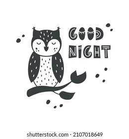 Owl with lettering Good night. Black graphic bird on branch with hand drawn text for sticker, poster, print. Cartoon kids illustration on white background. Silhouette vector clipart. Scandi style