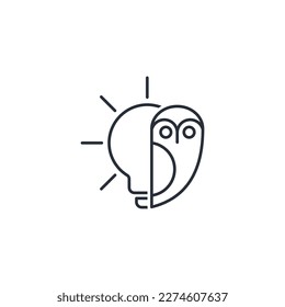 Owl and light bulb. Wise idea. Vector linear icon isolated on white background.