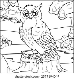 Owl line art for coloring book with simple background