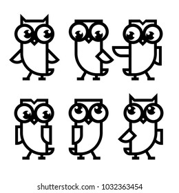 Owl line icon set. Cute dancing owls.