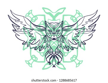 Owl line work tattoo. Boho tribal style. Line ethnic ornaments. Poster, spiritual art, symbol of wisdom. Antistress art. Good for t-shirts design, bags, phone cases, room posters and postcards