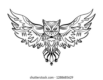 Owl line work tattoo. Boho tribal style. Line ethnic ornaments. Poster, spiritual art, symbol of wisdom. Antistress art. Good for t-shirts design, bags, phone cases, room posters and postcards