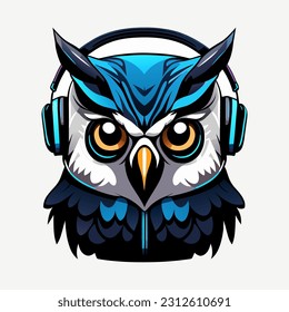 Owl listens to music on headphones. Owl with headphones vector Illustration.