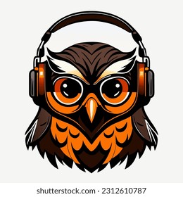 Owl listens to music on headphones. Owl with headphones vector Illustration.