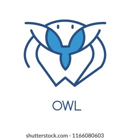 Owl logo design, blue label, badge or emblem with head of bird vector Illustration on a white background
