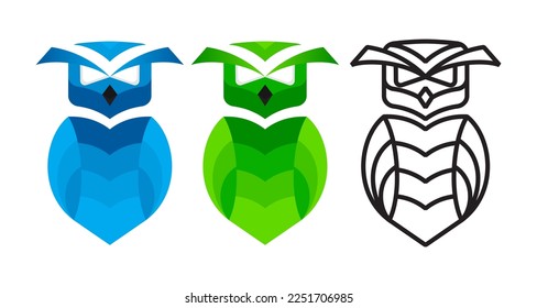 owl logo design template. modern and outline style. there are three colors selected are green, blue and black. abstract bird illustration symbol isolated on horizontal white background.