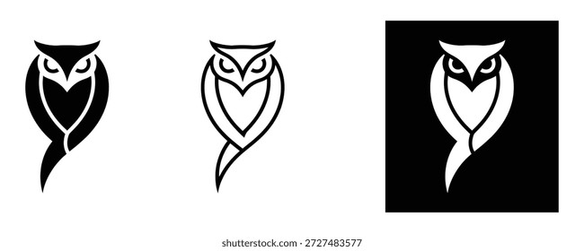 Owl logo designs in black and white backgrounds for business branding